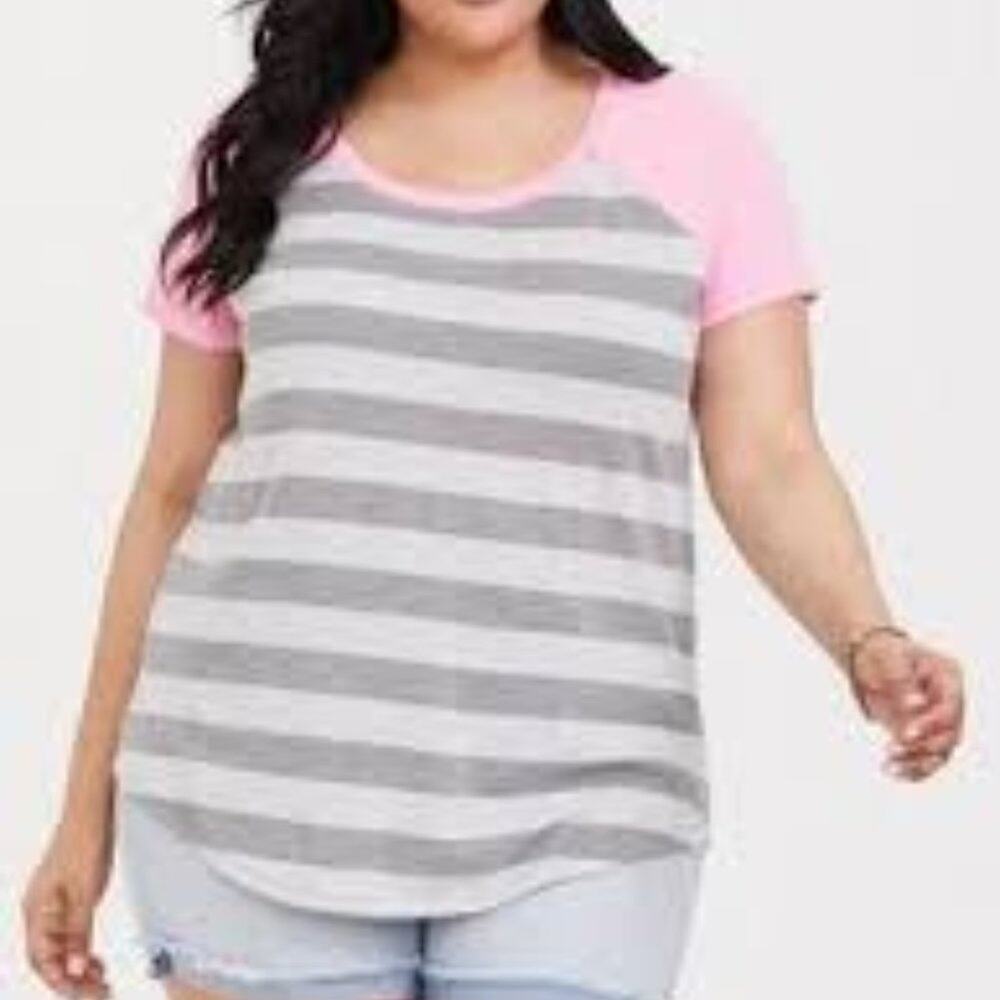 Torrid Classic Fit Raglan Tee - Triblend Jersey Stripe Pink & Grey Size 2/2x